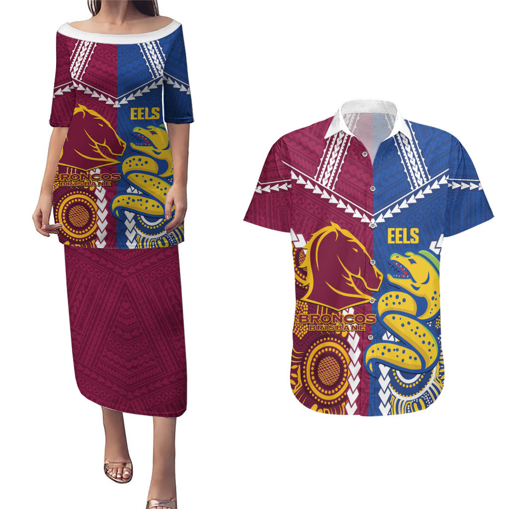 Custom Rugby Broncos and Eels Couples Matching Puletasi and Hawaiian Shirt 2026 Together Aboriginal Polynesian Pattern