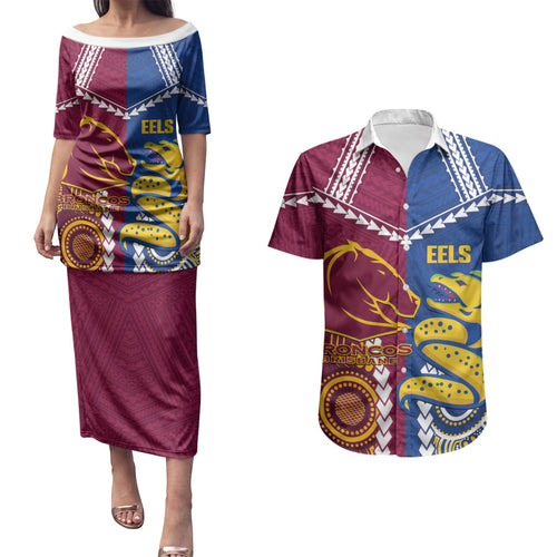 Custom Rugby Broncos and Eels Couples Matching Puletasi and Hawaiian Shirt 2026 Together Aboriginal Polynesian Pattern
