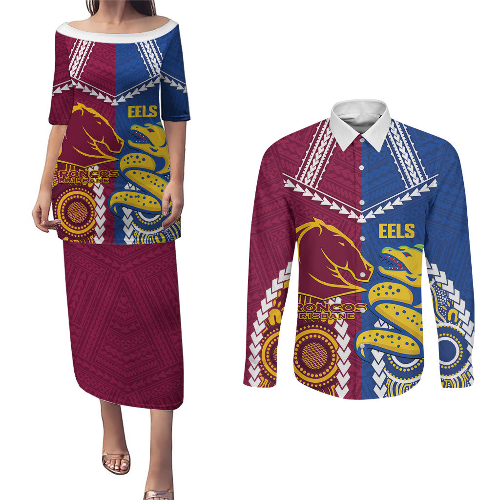 Custom Rugby Broncos and Eels Couples Matching Puletasi and Long Sleeve Button Shirt 2026 Together Aboriginal Polynesian Pattern