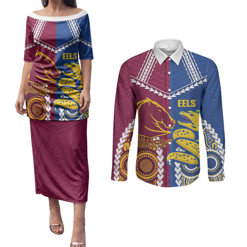 Custom Rugby Broncos and Eels Couples Matching Puletasi and Long Sleeve Button Shirt 2026 Together Aboriginal Polynesian Pattern