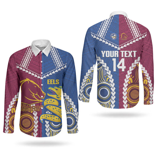 Custom Rugby Broncos and Eels Couples Matching Puletasi and Long Sleeve Button Shirt 2026 Together Aboriginal Polynesian Pattern