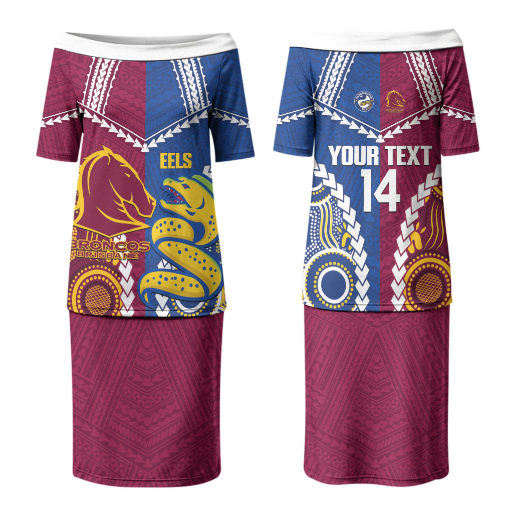 Custom Rugby Broncos and Eels Couples Matching Puletasi and Long Sleeve Button Shirt 2026 Together Aboriginal Polynesian Pattern LT14