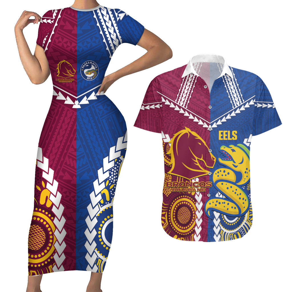 Custom Rugby Broncos and Eels Couples Matching Short Sleeve Bodycon Dress and Hawaiian Shirt 2026 Together Aboriginal Polynesian Pattern