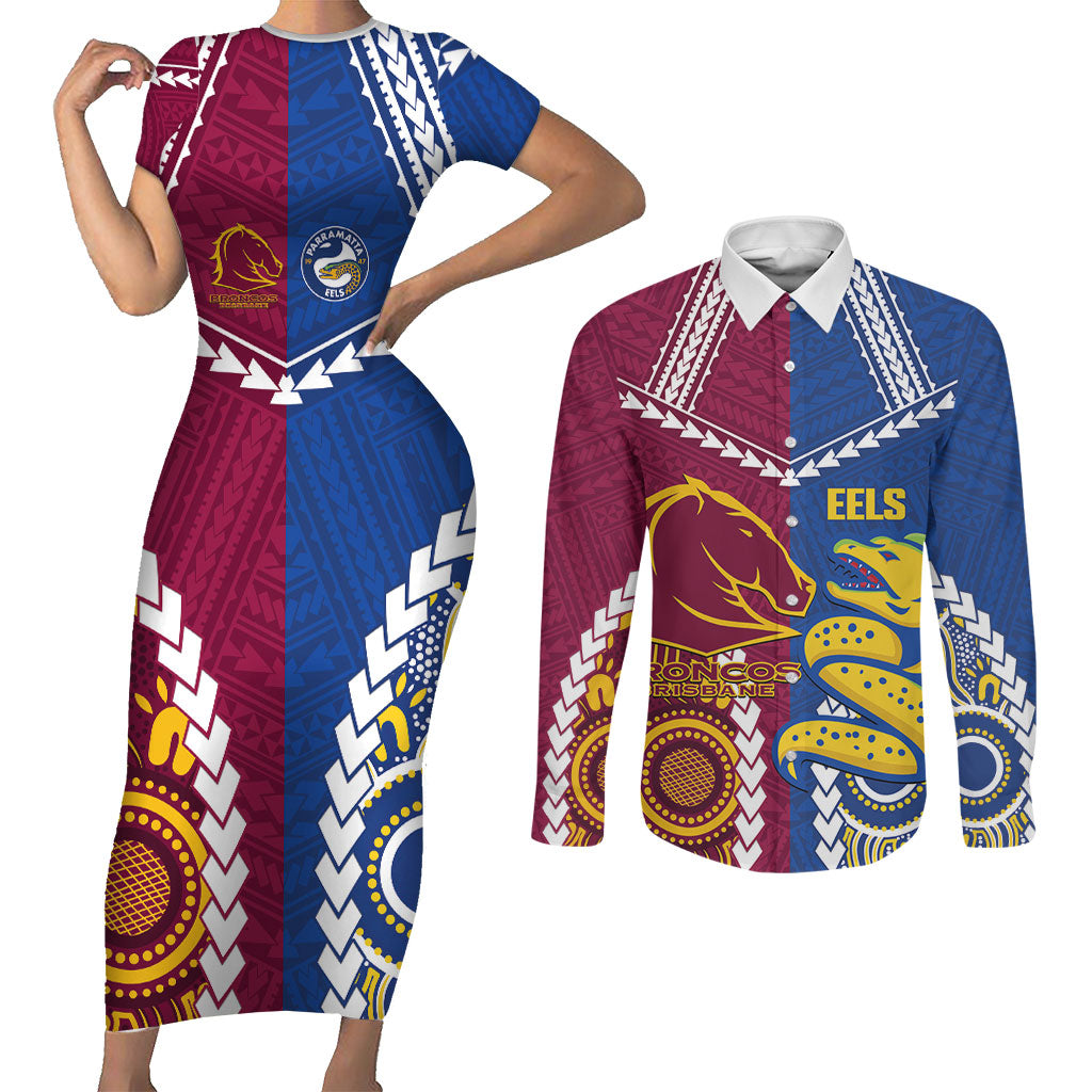 Custom Rugby Broncos and Eels Couples Matching Short Sleeve Bodycon Dress and Long Sleeve Button Shirt 2026 Together Aboriginal Polynesian Pattern