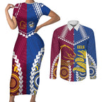 Custom Rugby Broncos and Eels Couples Matching Short Sleeve Bodycon Dress and Long Sleeve Button Shirt 2026 Together Aboriginal Polynesian Pattern