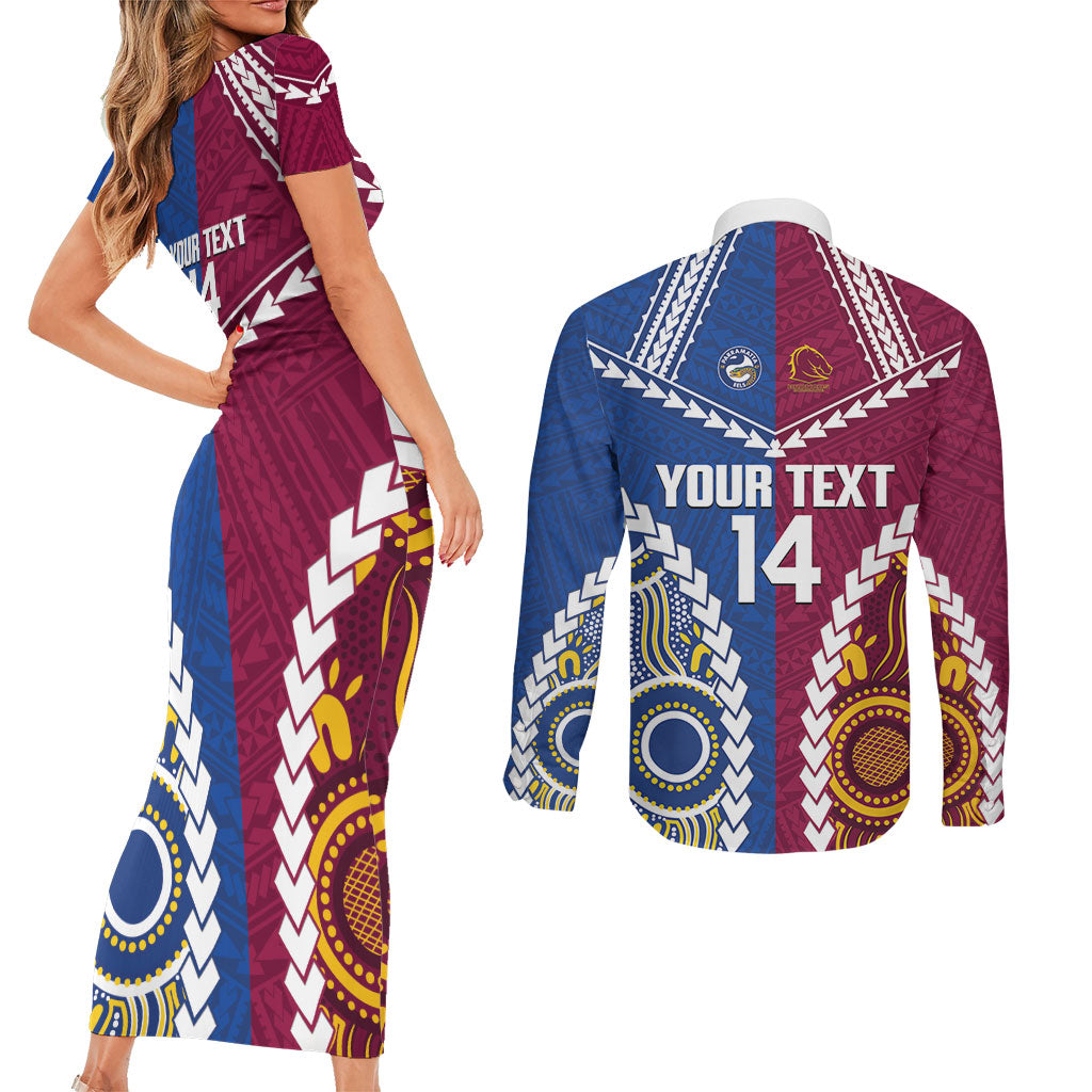 Custom Rugby Broncos and Eels Couples Matching Short Sleeve Bodycon Dress and Long Sleeve Button Shirt 2026 Together Aboriginal Polynesian Pattern