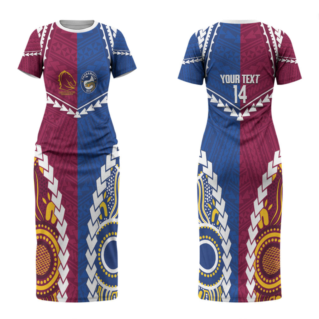 Custom Rugby Broncos and Eels Couples Matching Short Sleeve Bodycon Dress and Long Sleeve Button Shirt 2026 Together Aboriginal Polynesian Pattern LT14