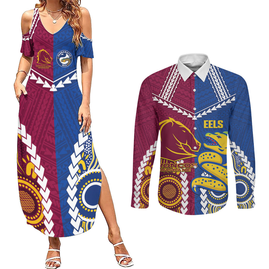 Custom Rugby Broncos and Eels Couples Matching Summer Maxi Dress and Long Sleeve Button Shirt 2026 Together Aboriginal Polynesian Pattern