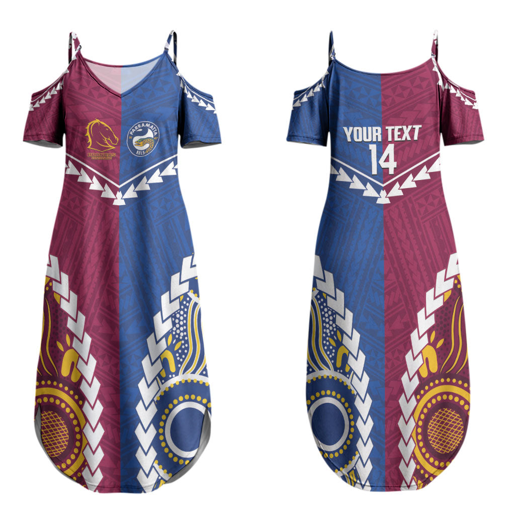 Custom Rugby Broncos and Eels Couples Matching Summer Maxi Dress and Long Sleeve Button Shirt 2026 Together Aboriginal Polynesian Pattern LT14