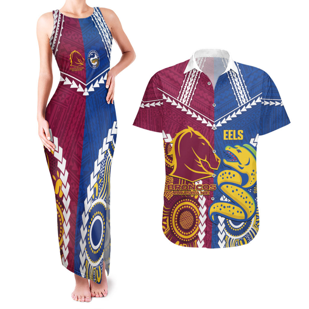 Custom Rugby Broncos and Eels Couples Matching Tank Maxi Dress and Hawaiian Shirt 2026 Together Aboriginal Polynesian Pattern