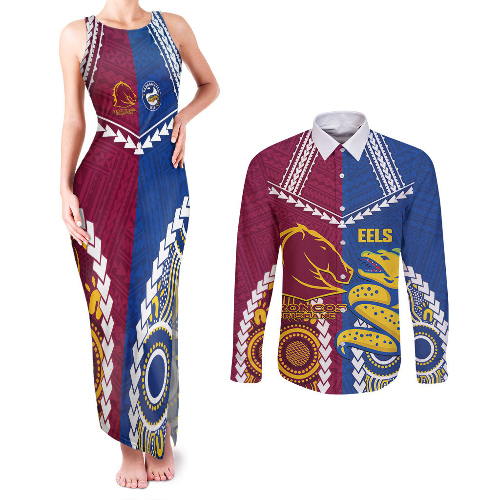 Custom Rugby Broncos and Eels Couples Matching Tank Maxi Dress and Long Sleeve Button Shirt 2026 Together Aboriginal Polynesian Pattern