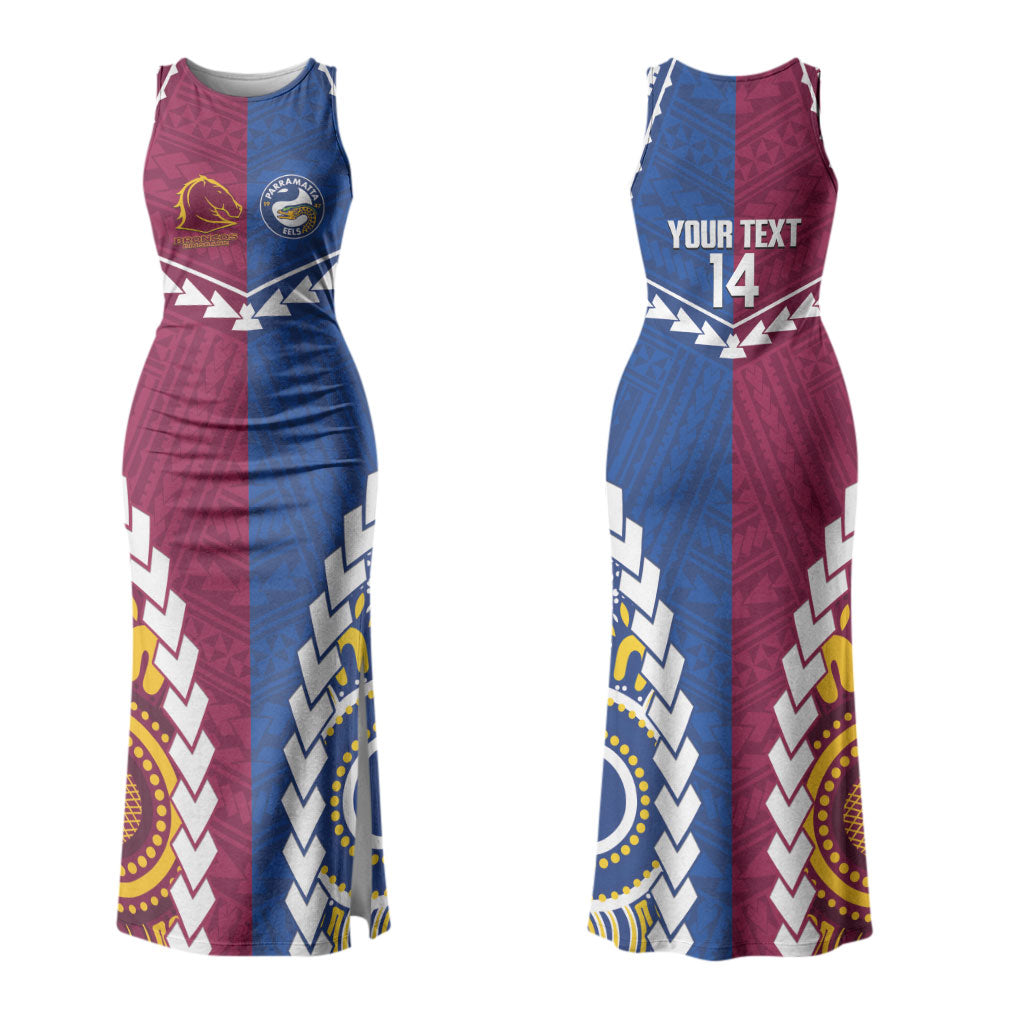 Custom Rugby Broncos and Eels Couples Matching Tank Maxi Dress and Long Sleeve Button Shirt 2026 Together Aboriginal Polynesian Pattern LT14
