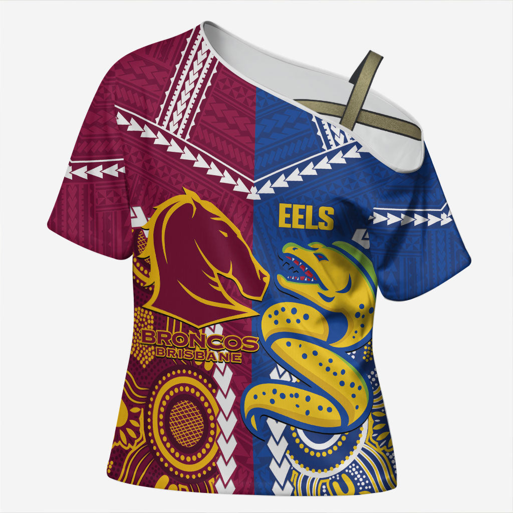 Custom Rugby Broncos and Eels Cross Shoulder Shirt 2026 Together Aboriginal Polynesian Pattern