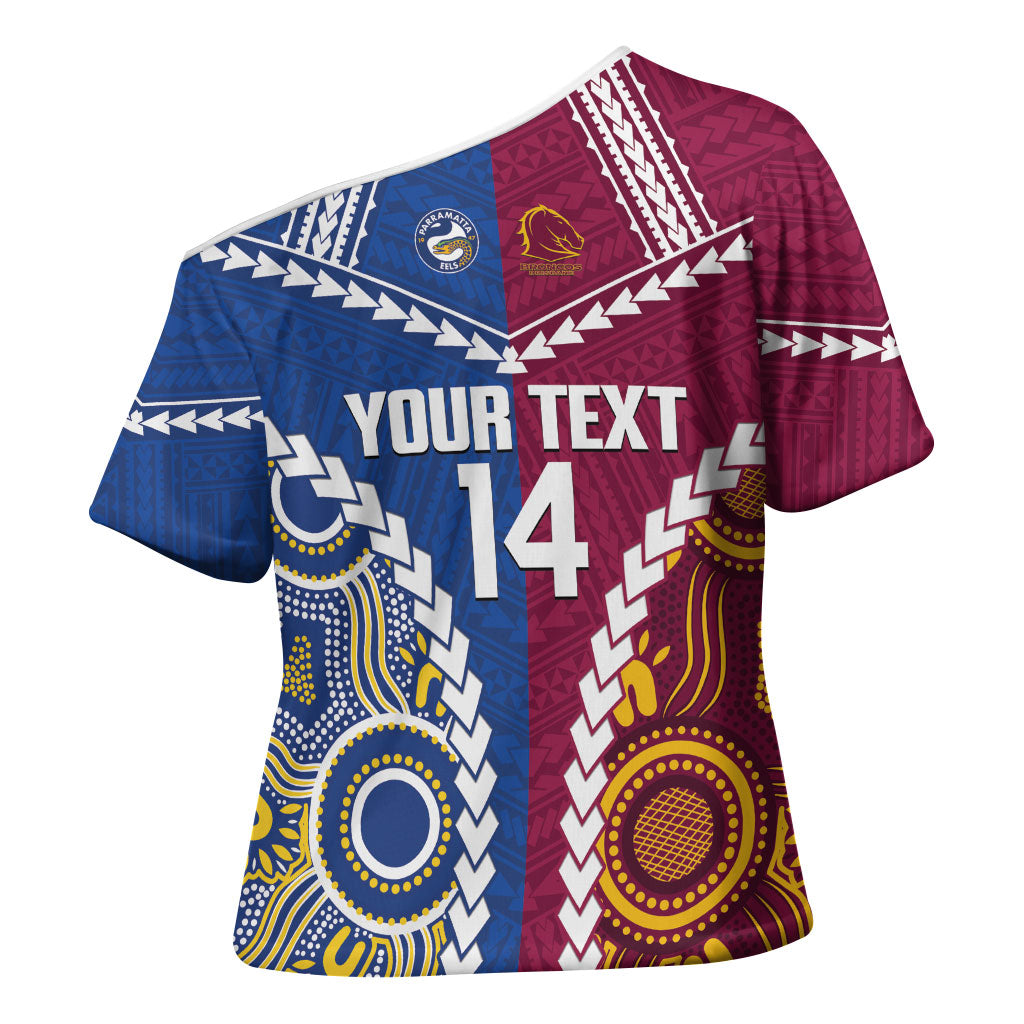 Custom Rugby Broncos and Eels Cross Shoulder Shirt 2026 Together Aboriginal Polynesian Pattern