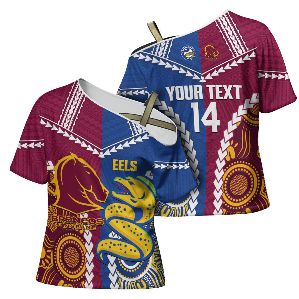 Custom Rugby Broncos and Eels Cross Shoulder Shirt 2026 Together Aboriginal Polynesian Pattern