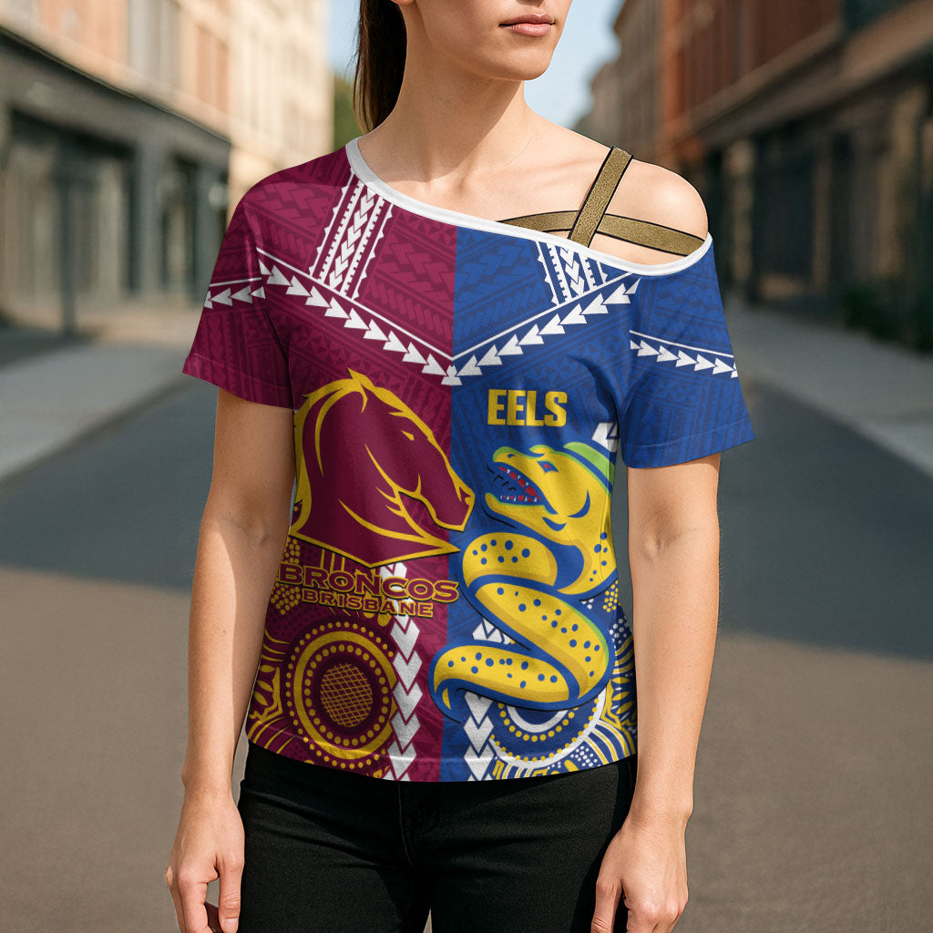 Custom Rugby Broncos and Eels Cross Shoulder Shirt 2026 Together Aboriginal Polynesian Pattern