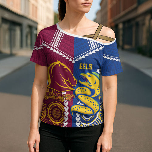 Custom Rugby Broncos and Eels Cross Shoulder Shirt 2026 Together Aboriginal Polynesian Pattern