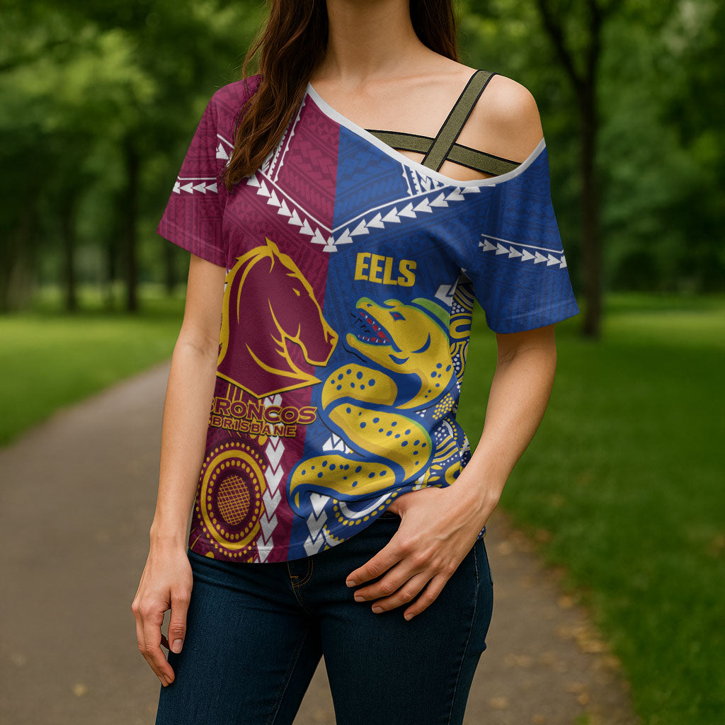 Custom Rugby Broncos and Eels Cross Shoulder Shirt 2026 Together Aboriginal Polynesian Pattern