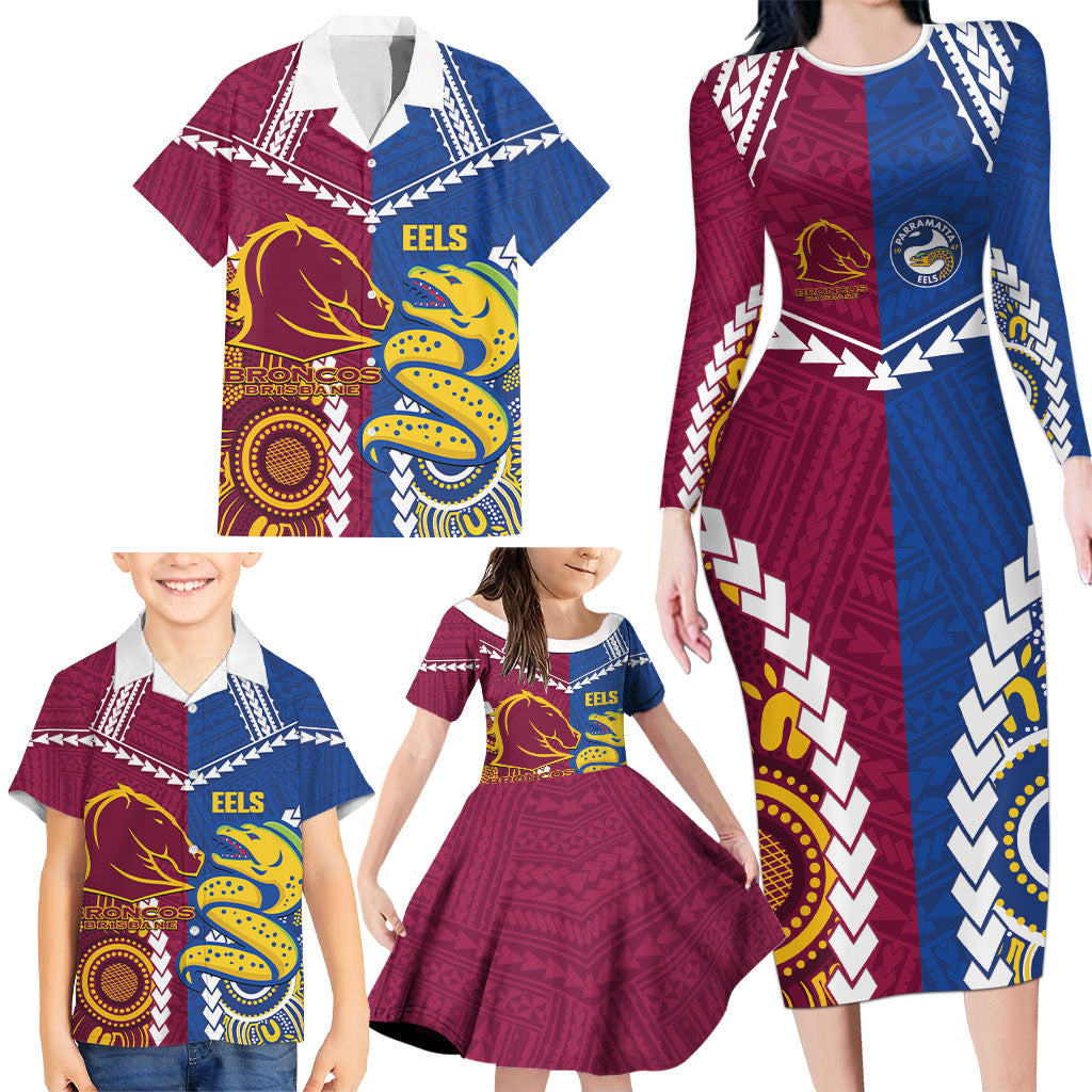 Custom Rugby Broncos and Eels Family Matching Long Sleeve Bodycon Dress and Hawaiian Shirt 2026 Together Aboriginal Polynesian Pattern