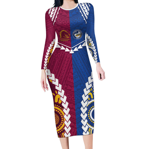Custom Rugby Broncos and Eels Family Matching Long Sleeve Bodycon Dress and Hawaiian Shirt 2026 Together Aboriginal Polynesian Pattern