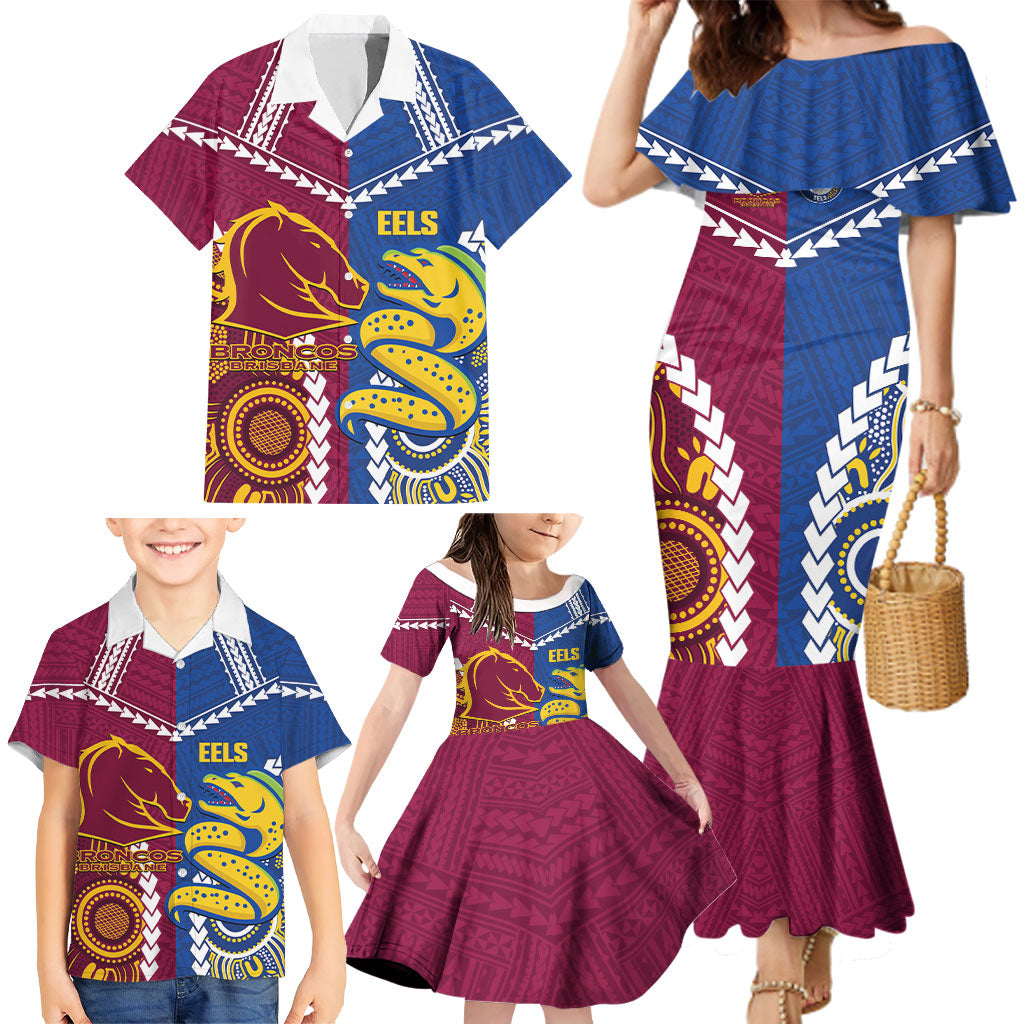 Custom Rugby Broncos and Eels Family Matching Mermaid Dress and Hawaiian Shirt 2026 Together Aboriginal Polynesian Pattern
