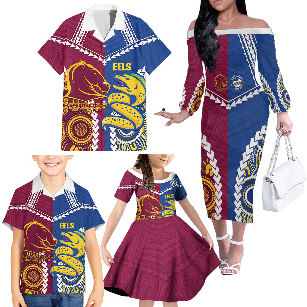 Custom Rugby Broncos and Eels Family Matching Off The Shoulder Long Sleeve Dress and Hawaiian Shirt 2026 Together Aboriginal Polynesian Pattern