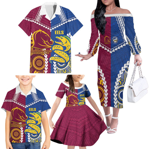 Custom Rugby Broncos and Eels Family Matching Off The Shoulder Long Sleeve Dress and Hawaiian Shirt 2026 Together Aboriginal Polynesian Pattern