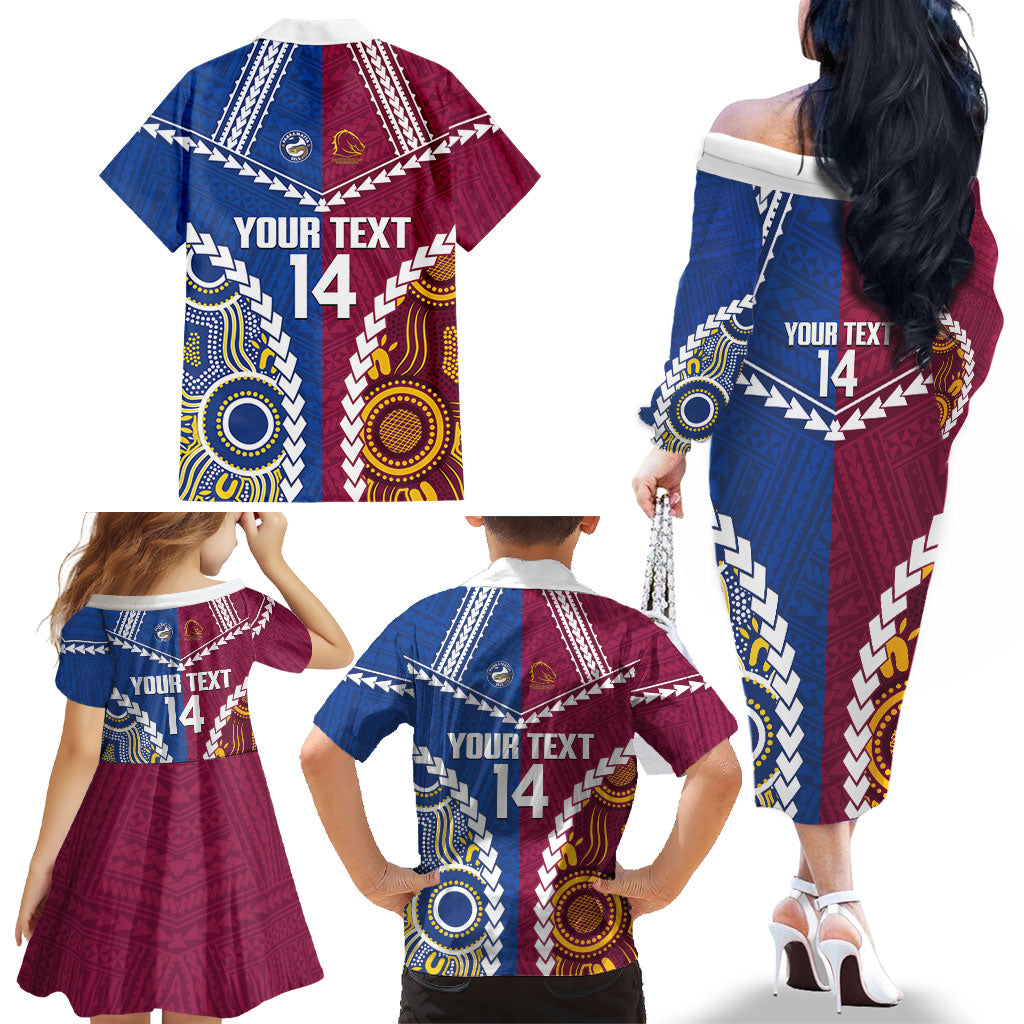 Custom Rugby Broncos and Eels Family Matching Off The Shoulder Long Sleeve Dress and Hawaiian Shirt 2026 Together Aboriginal Polynesian Pattern
