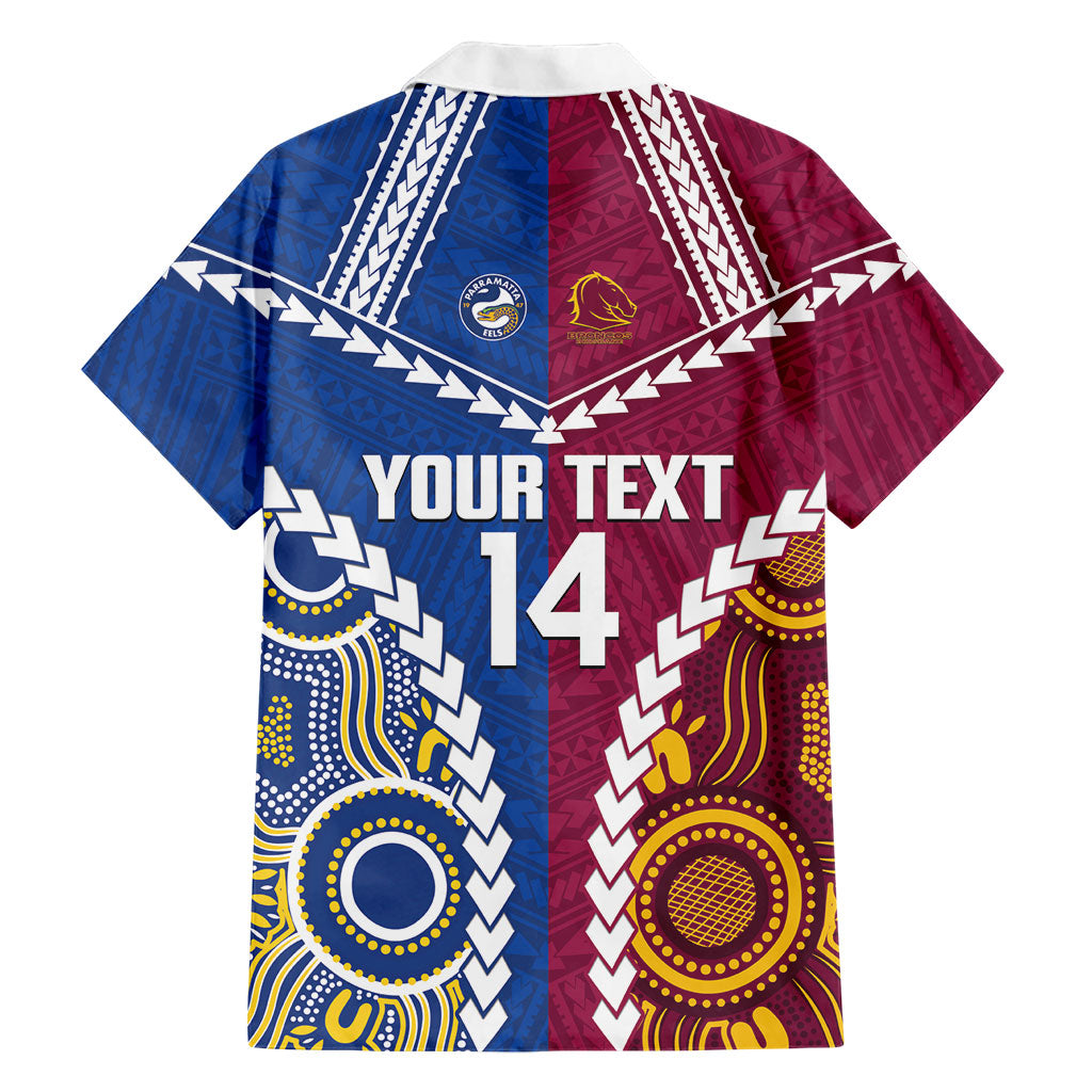 Custom Rugby Broncos and Eels Family Matching Off The Shoulder Long Sleeve Dress and Hawaiian Shirt 2026 Together Aboriginal Polynesian Pattern