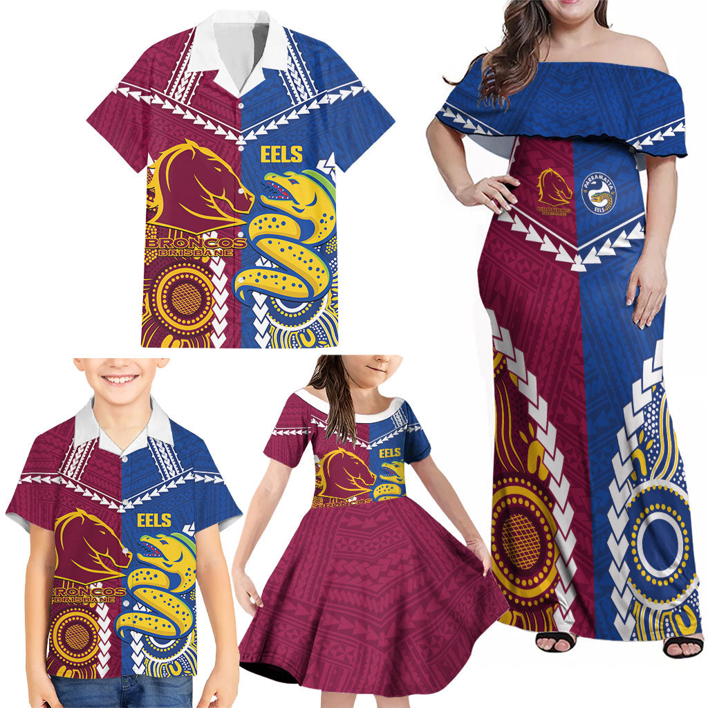 Custom Rugby Broncos and Eels Family Matching Off Shoulder Maxi Dress and Hawaiian Shirt 2026 Together Aboriginal Polynesian Pattern