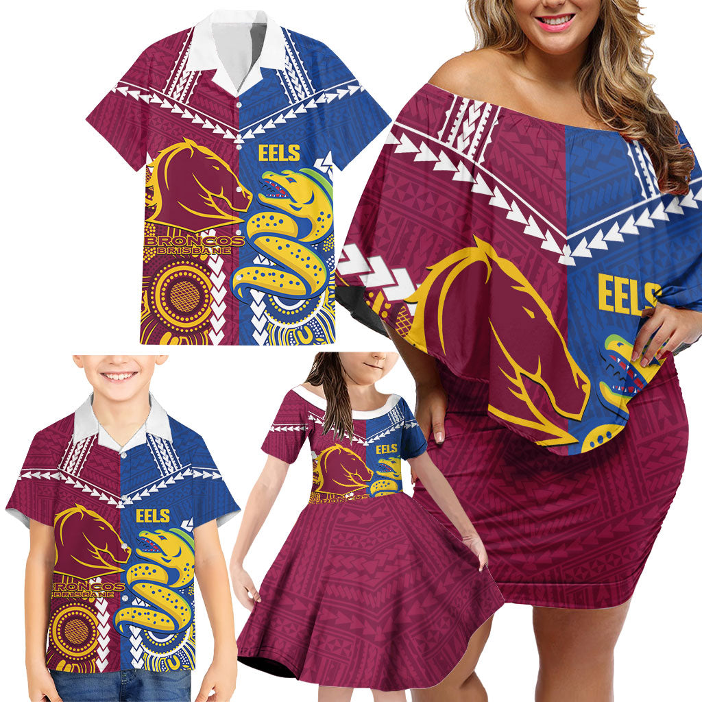 Custom Rugby Broncos and Eels Family Matching Off Shoulder Short Dress and Hawaiian Shirt 2026 Together Aboriginal Polynesian Pattern