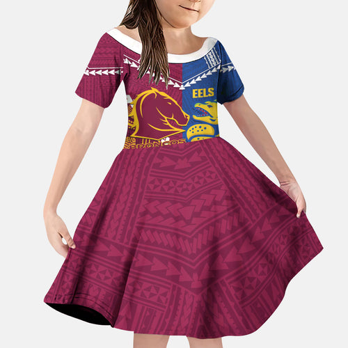 Custom Rugby Broncos and Eels Family Matching Off Shoulder Short Dress and Hawaiian Shirt 2026 Together Aboriginal Polynesian Pattern
