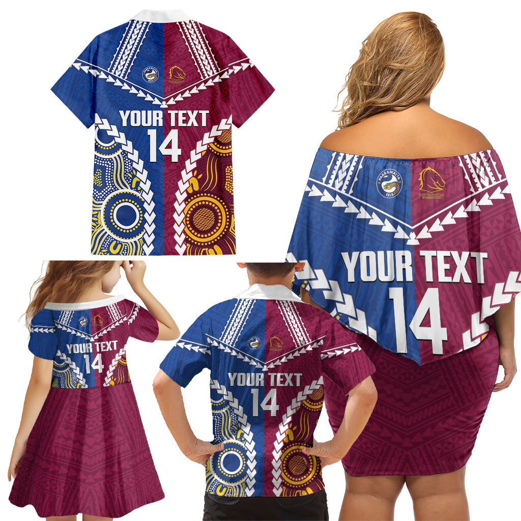 Custom Rugby Broncos and Eels Family Matching Off Shoulder Short Dress and Hawaiian Shirt 2026 Together Aboriginal Polynesian Pattern