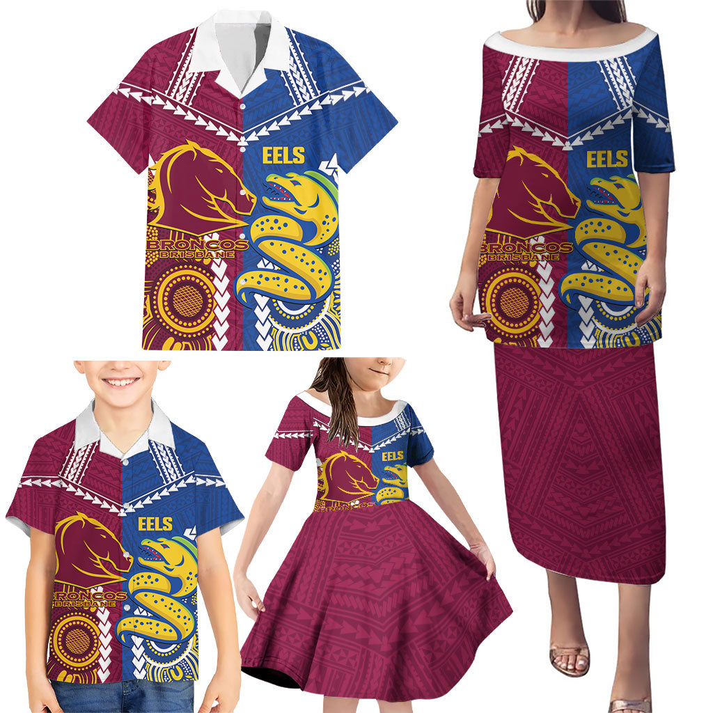 Custom Rugby Broncos and Eels Family Matching Puletasi and Hawaiian Shirt 2026 Together Aboriginal Polynesian Pattern