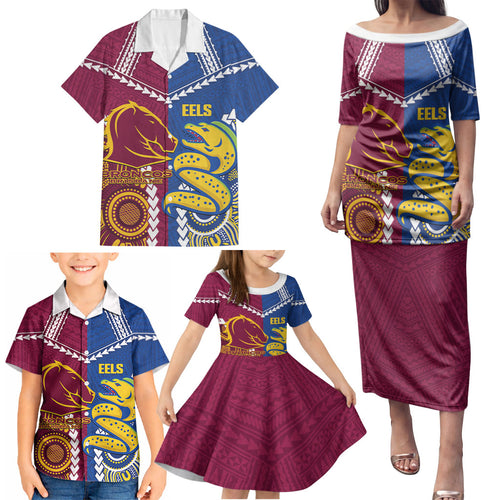 Custom Rugby Broncos and Eels Family Matching Puletasi and Hawaiian Shirt 2026 Together Aboriginal Polynesian Pattern