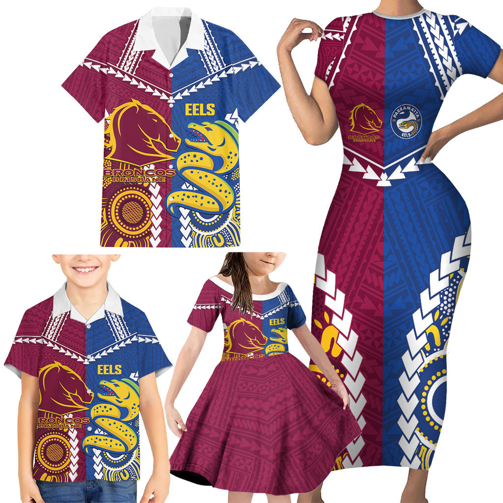 Custom Rugby Broncos and Eels Family Matching Short Sleeve Bodycon Dress and Hawaiian Shirt 2026 Together Aboriginal Polynesian Pattern