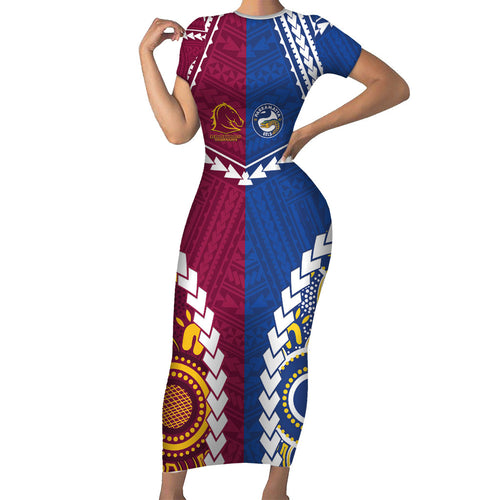 Custom Rugby Broncos and Eels Family Matching Short Sleeve Bodycon Dress and Hawaiian Shirt 2026 Together Aboriginal Polynesian Pattern
