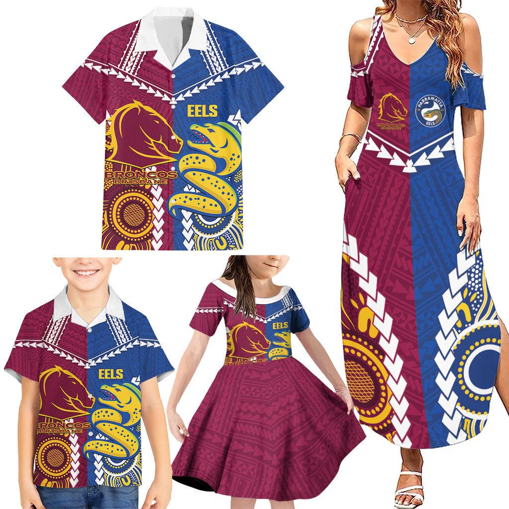 Custom Rugby Broncos and Eels Family Matching Summer Maxi Dress and Hawaiian Shirt 2026 Together Aboriginal Polynesian Pattern