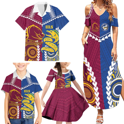 Custom Rugby Broncos and Eels Family Matching Summer Maxi Dress and Hawaiian Shirt 2026 Together Aboriginal Polynesian Pattern