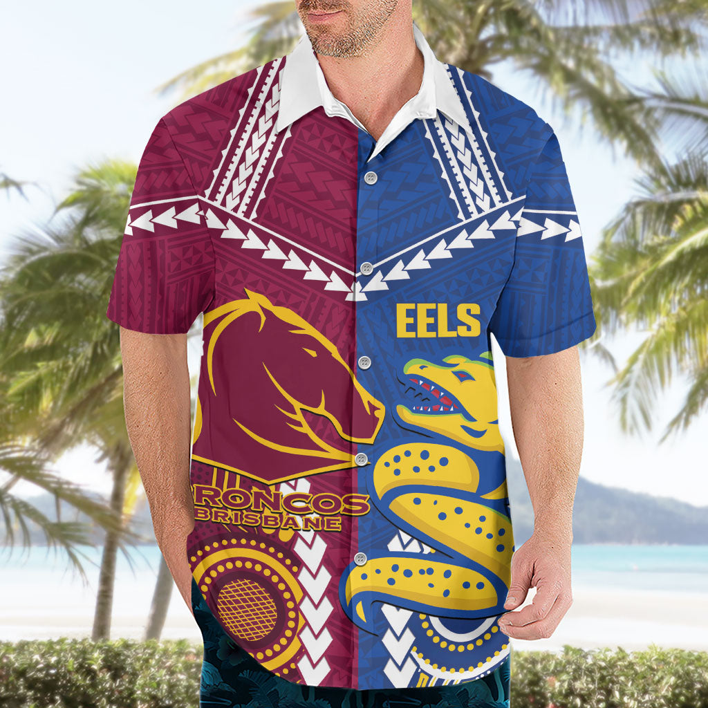 Custom Rugby Broncos and Eels Hawaiian Shirt 2026 Together Aboriginal Polynesian Pattern