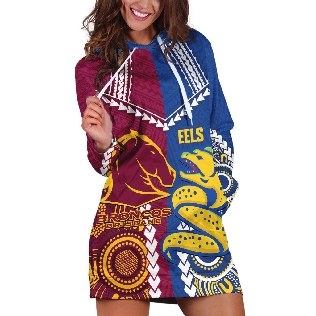 Custom Rugby Broncos and Eels Hoodie Dress 2026 Together Aboriginal Polynesian Pattern