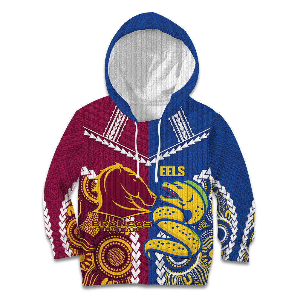 Custom Rugby Broncos and Eels Kid Hoodie 2026 Together Aboriginal Polynesian Pattern