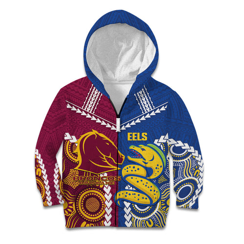 Custom Rugby Broncos and Eels Kid Hoodie 2026 Together Aboriginal Polynesian Pattern
