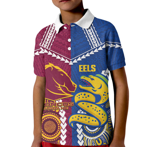 Custom Rugby Broncos and Eels Kid Polo Shirt 2026 Together Aboriginal Polynesian Pattern