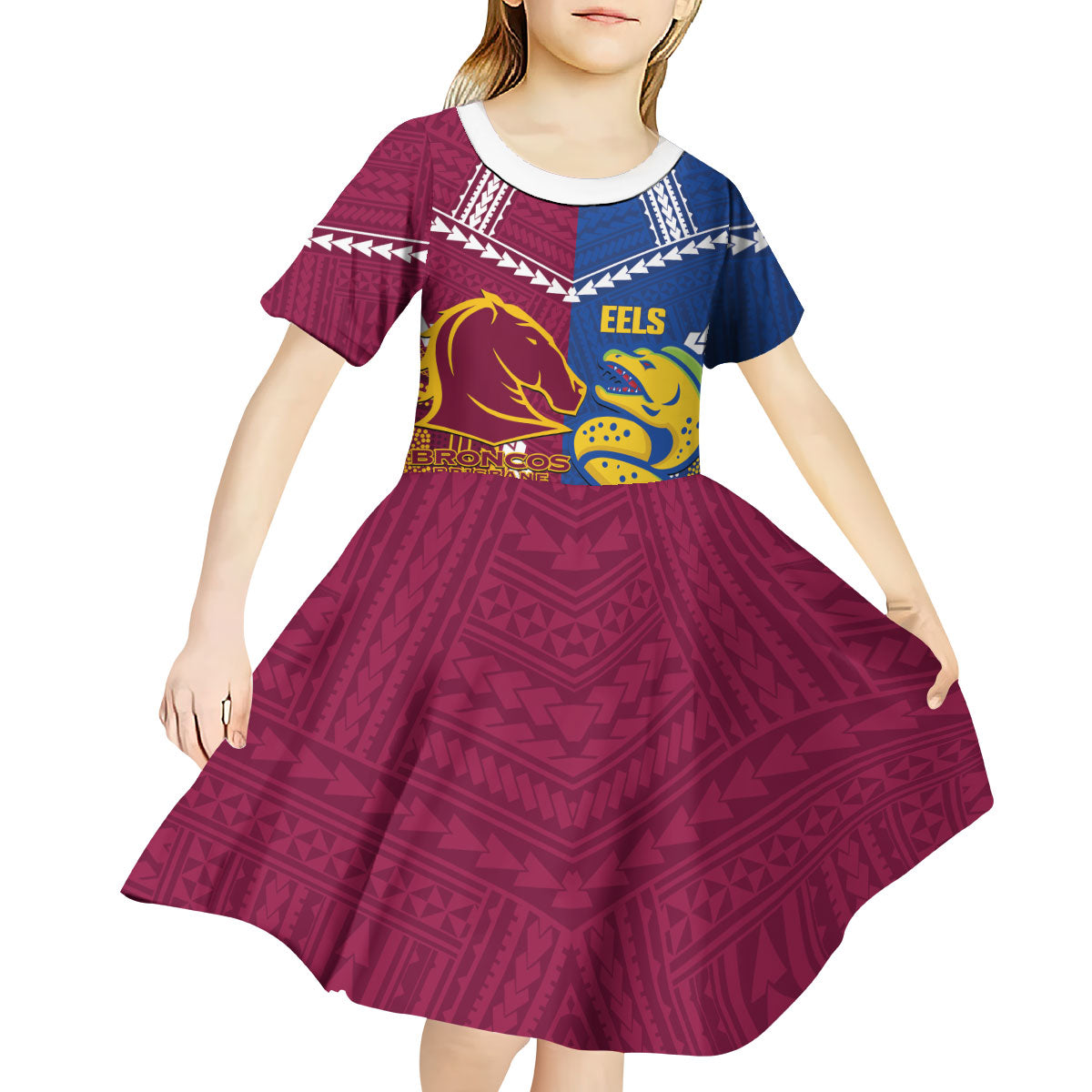 Custom Rugby Broncos and Eels Kid Short Sleeve Dress 2026 Together Aboriginal Polynesian Pattern