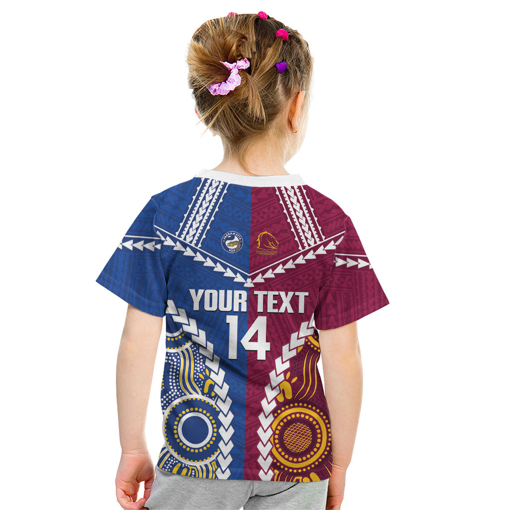 Custom Rugby Broncos and Eels Kid T Shirt 2026 Together Aboriginal Polynesian Pattern