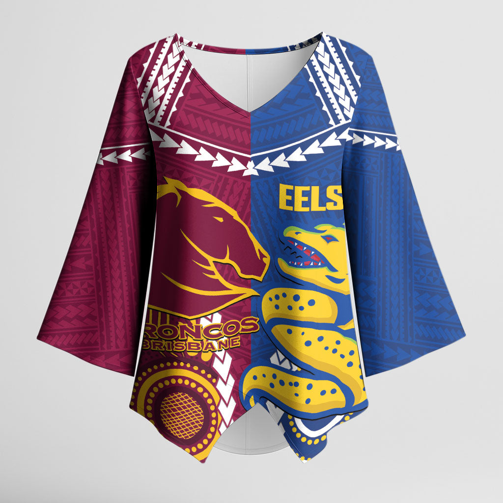 Custom Rugby Broncos and Eels Kimono Sleeve Blouse 2026 Together Aboriginal Polynesian Pattern