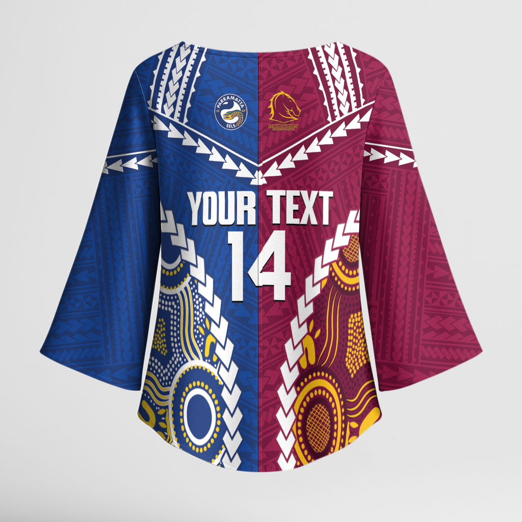 Custom Rugby Broncos and Eels Kimono Sleeve Blouse 2026 Together Aboriginal Polynesian Pattern