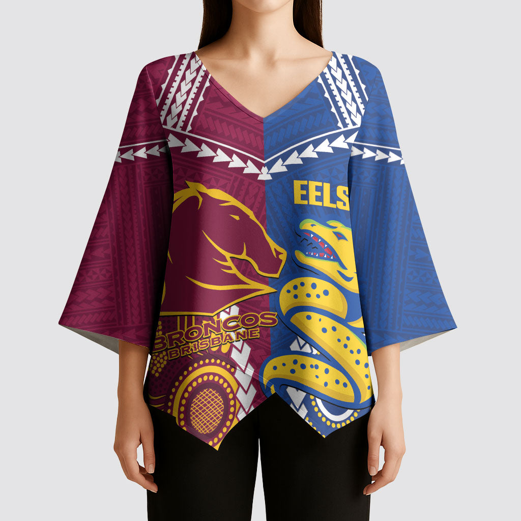 Custom Rugby Broncos and Eels Kimono Sleeve Blouse 2026 Together Aboriginal Polynesian Pattern