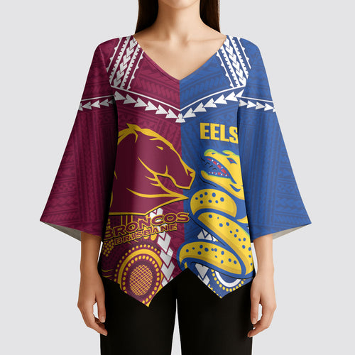 Custom Rugby Broncos and Eels Kimono Sleeve Blouse 2026 Together Aboriginal Polynesian Pattern